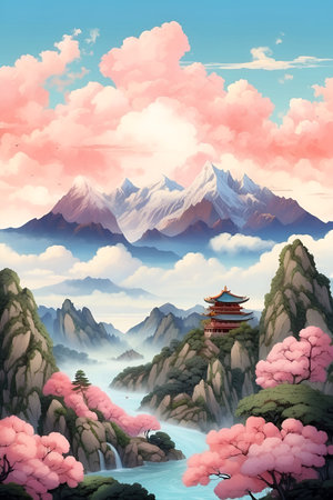 Mountain landscape with pagoda, clouds and lake. Digital painting. Contours of Tranquility A Visual Journey Through Landscape, Clouds, Mountains, and Seaの素材