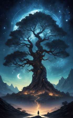 Fantasy landscape with a large tree in the shape of a man standing on the path to the moonの素材