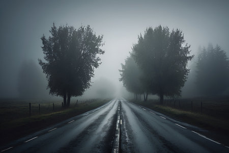 Autumn landscape with asphalt road and trees in a foggy morningの素材