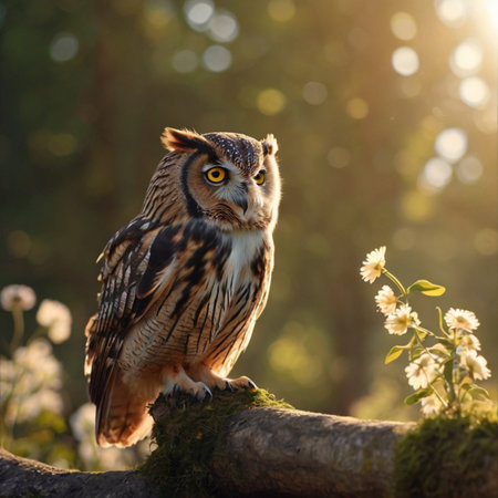 Eurasian Eagle Owl (Bubo bubo) in the forest Whispers of the Woods A Cinematic Journey through Spring's Sunlit Canopy with the Watchful Gazeの素材