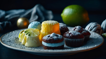 Muffins with different flavors on a dark background, selective focus. Sweets and Cakes: A Dark Nautical Ghost-Core Landscape with Fine Details and Cinematic Lighting inの素材