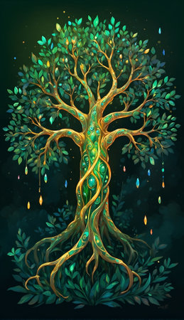 Beautiful art tree with green leaves and rain drops. Vector illustration. Harmony Unveiled: The Binary Tree Guardian - A Mythical Masterpiece of Ethereal Balance and Dualityの素材