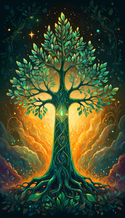 Magic tree in the forest. Vector illustration of magic tree. Fantasy forest. Harmony in Duality: The Binary Tree Guardian Unveiled - A Stunning Digital Painting Masterpieceの素材