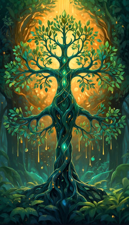 Beautiful magic tree in the forest. Illustration for your design Binary Tree Guardian: A Mesmerizing Mythical Masterpiece in Digital Artistryの素材