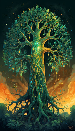 Magic forest with magic tree. Illustration for your graphic design. The Binary Tree Guardian: A Mythical Masterpiece of Harmony and Duality in Digital Artの素材