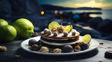Cake with cream and nuts on a wooden table with sea background Hauntingly Beautiful: Dark Nautical Ghost-Core Sweets & Cakes in Full Moon Portraitの素材