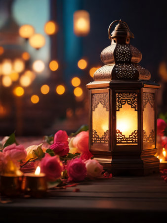 Lantern with rose flowers on wooden table. Ramadan Kareem backgroundの素材