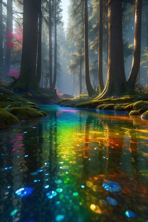 Colorful magic forest river in a foggy forest at sunrise. Spectral Serenity A Holographic Lush Forest Symphony in Spectral Colors, Featuring Glittering Waterの素材