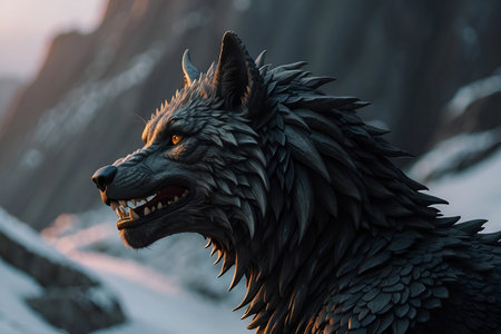 Black wolf on the background of a snowy mountain. The concept of extreme sports. Shadows Unleashed The Beastly Encounter of Black Wolves, Dragons, and Nature's Depthsの素材