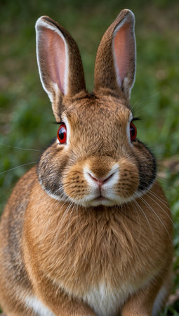 Rabbit with red eyes on green grass background, close-up Portrait of Elegance Wheaty White Skin, Sharp Jaw, Plump Apple Lips, and the Enigmatic Rabbit Maskの素材