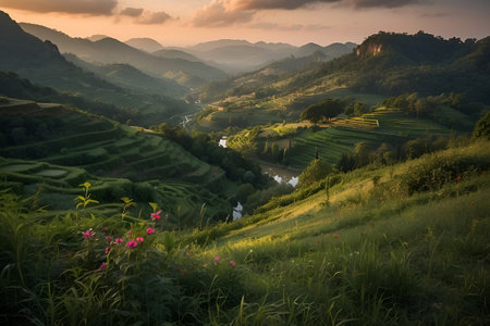 Rice terraces on the mountain in the evening,Thailand Emerald Serenity A Canvas of Verdant Trees and Majestic Mountain Slopesの素材