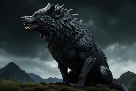 dragon on a dark background. 3d render of a dragon on a dark background Shadows Unleashed The Beastly Alliance of Black Wolves, Dragons, and Nature's Darknessの素材