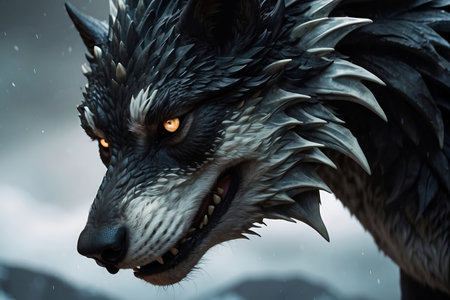 Fantasy portrait of a wolf in the snow. 3d rendering Shadowed Dominion The Beastly Trifecta of Wolf, Dragon, and Black in Natureの素材