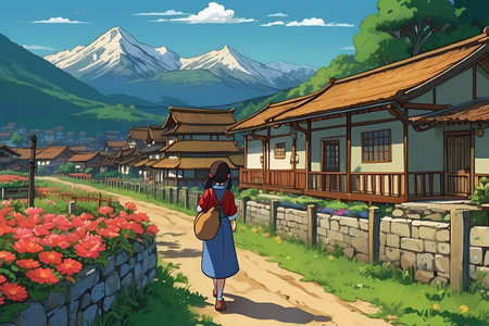 Village in south korea,Illustration of a woman walking in the village Valley Serenity: A Peaceful Haven Amid Majestic Mountains and Quaint Cottagesの素材
