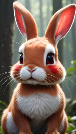 Cute red rabbit with big eyes in the forest, soft focus Portrait of Elegance Wheaty White Skin, Plump Apple Lips, and the Graceful Rabbit Mask A Studyの素材