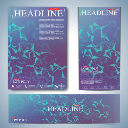 Modern set of brochures, magazine, flyer, booklet, cover or report in A4 size for your design . Low poly, molecule and communication . Vector Illustration.のイラスト素材