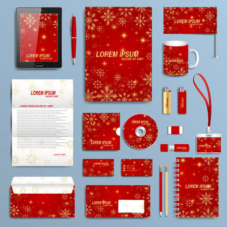 Set of vector corporate identity template. Christmas and New Years red background  with golden snowflakes.のイラスト素材