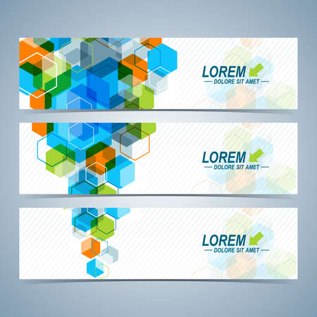 Set of the vector horizontal banners.  Background with colorful hexagons. Modern stylish design.のイラスト素材