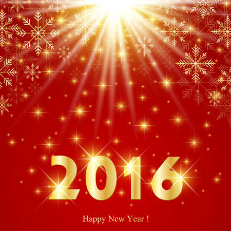 Happy New Year card 2016. Text design on the red background  with golden snowflakes. Vector illustration.のイラスト素材