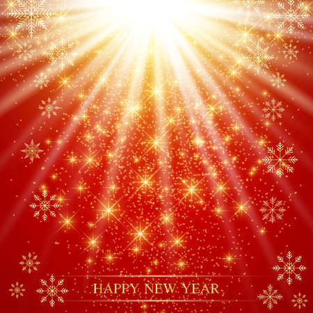 Christmas and Happy New Years on the red background  with golden snowflakes . Vector illustration.のイラスト素材