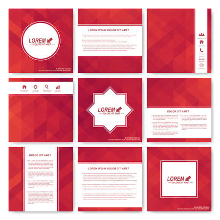 Red set of brochure. Square brochure template . Business, science, medicine and technology design . Cover layout . Red card. Background with red triangles.のイラスト素材