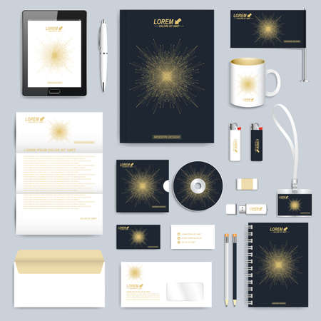 Black set of corporate identity template. Modern business stationery mock-up. Branding design with round golden form connected lines and dots . Medicine, science, technology concept.のイラスト素材