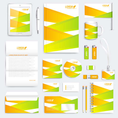 Colorful geometric set of vector corporate identity template. Modern business stationery mock-up. Branding design with green and yellow linesのイラスト素材