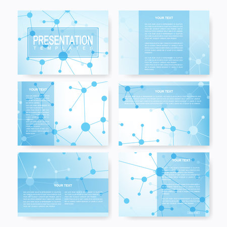 Set of vector templates for multipurpose presentation slides. Brochure, Leaflet, flyer, cover, magazine or annual report. Modern business, science, medicine design. Abstract background with moleculeのイラスト素材