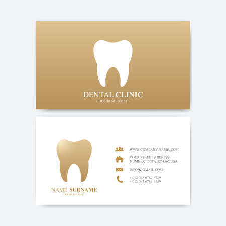 Premium Business Card Print Template. Visiting Dental Clinic Card with Tooth Logo. Dentist Office Oral Care. Dental Implants. Medical Design Tooth Logoのイラスト素材