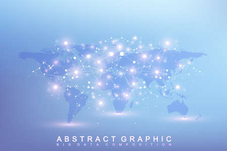 Graphic abstract background communication. Big data complex with compounds. Perspective backdrop with World Map. Minimal array Big data. Digital data visualization. Scientific vector illustrationのイラスト素材