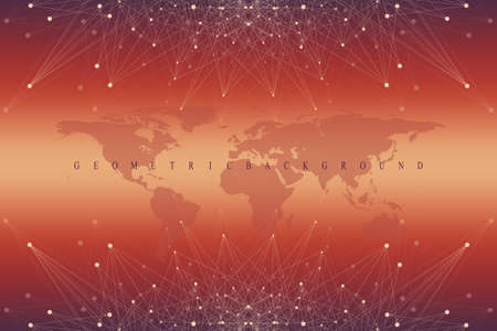 Geometric graphic background communication with World Map. Big data complex with compounds. Perspective backdrop. Minimal array. Digital data visualization. Scientific cybernetic vector illustrationのイラスト素材