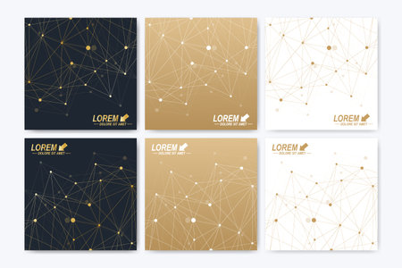 Modern vector template for square brochure, Leaflet, flyer, cover, booklet, magazine or annual report. Abstract golden presentation book layout. Golden cybernetic dots. Lines plexus. Card surface.のイラスト素材