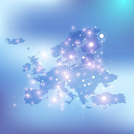 Geometric graphic background communication with dotted Europe Map. Big data complex with compounds. Perspective minimal array. Digital data visualization. Scientific cybernetic vector illustration.のイラスト素材