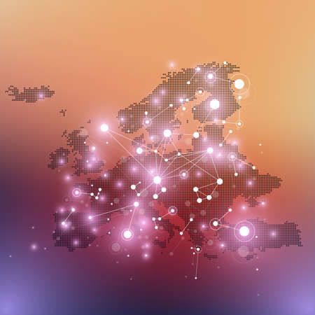 Geometric graphic background communication with dotted Europe Map. Big data complex with compounds. Perspective minimal array. Digital data visualization. Scientific cybernetic vector illustration.のイラスト素材