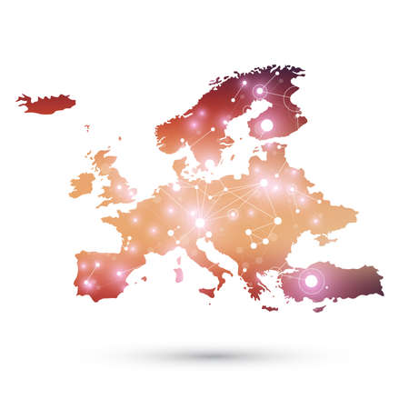 Geometric graphic background communication with Europe Map. Big data complex with compounds. Perspective backdrop. Minimal array. Digital data visualization. Scientific cybernetic vector illustration.のイラスト素材
