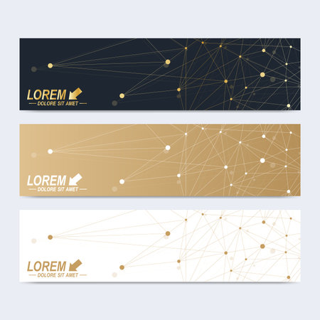 Scientific standard size banners. Geometric abstract presentation. Cybernetic dots. Lines plexus. Card surface.のイラスト素材
