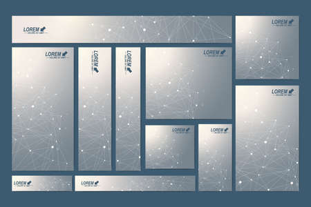 Scientific standard size banners. Geometric abstract presentation. Medical, science, technology, chemistry background molecule and communication. Cybernetic dots. Lines plexus. Card surface.のイラスト素材