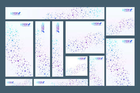 Scientific standard size banners. Geometric abstract presentation. Medical, science, technology, chemistry background molecule and communication. Cybernetic dots. Lines plexus. Card surface.のイラスト素材