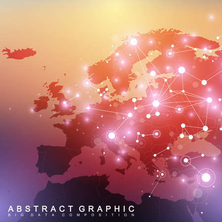 Geometric graphic background communication with Europe Map. Big data complex with compounds. Perspective backdrop. Minimal array. Digital data visualization. Scientific cybernetic vector illustration.のイラスト素材