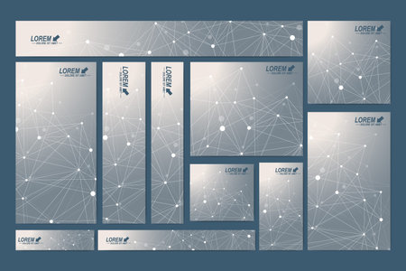 Scientific standard size banners. Geometric abstract presentation. Medical, science, technology, chemistry background molecule and communication. Cybernetic dots. Lines plexus. Card surface.のイラスト素材