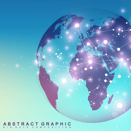 Three-dimensional abstract background planet. Virtual background communication or particle compounds. Global network connection and lines plexus. Minimalistic chaotic design, vector illustration.のイラスト素材