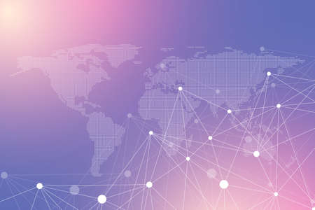 Geometric graphic background communication with dotted World Map. Big data complex. Particle compounds. Network connection, lines plexus. Minimalistic chaotic design, vector illustration.のイラスト素材