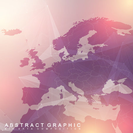 Geometric graphic background communication with Europe Map. Big data complex with compounds. Perspective backdrop. Minimal array. Digital data visualization. Scientific cybernetic vector illustrationのイラスト素材