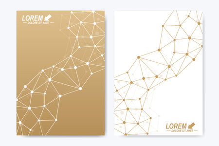 Modern vector template for brochure, Leaflet, flyer, cover, booklet, magazine or annual report. Golden presentation book layout. Geometric pattern with connected lines and dots. Lines plexus circlesのイラスト素材
