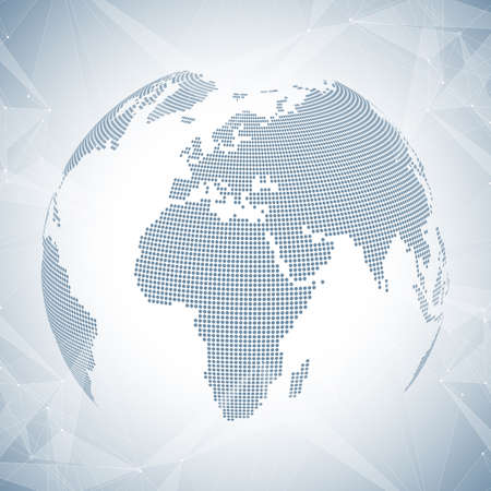 Three-dimensional abstract background planet. Virtual background communication or particle compounds. Global network connection and lines plexus. Minimalistic chaotic design, vector illustrationのイラスト素材