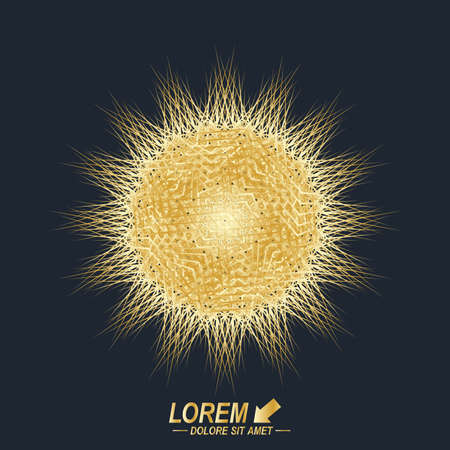 Fractal golden element. Virtual communication or particle compounds. Digital data visualization, minimal array. Lines plexus illustrationのイラスト素材