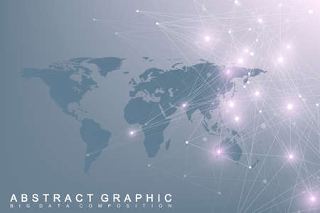 Political World Map with global technology networking concept. Digital data visualization. Lines plexus. Big Data background communication. Scientific vector illustrationのイラスト素材