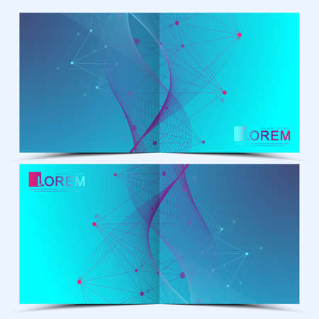 Modern vector template for square brochure, leaflet, flyer, cover, catalog, magazine, annual report. Business, science and technology design book layout. Graphic background molecule and communication.のイラスト素材