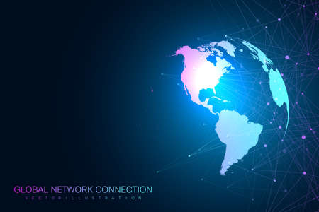 Global network with world map. Abstract vector infinite space background. Perspective backdrop. Digital data visualization. Vector illustration.のイラスト素材