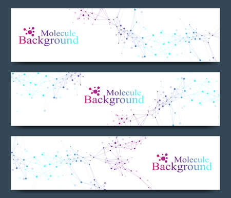 Modern set of vector banners. Molecule DNA and communication background for medicine, science, technology, chemistry. Cybernetic dots. Lines plexusのイラスト素材